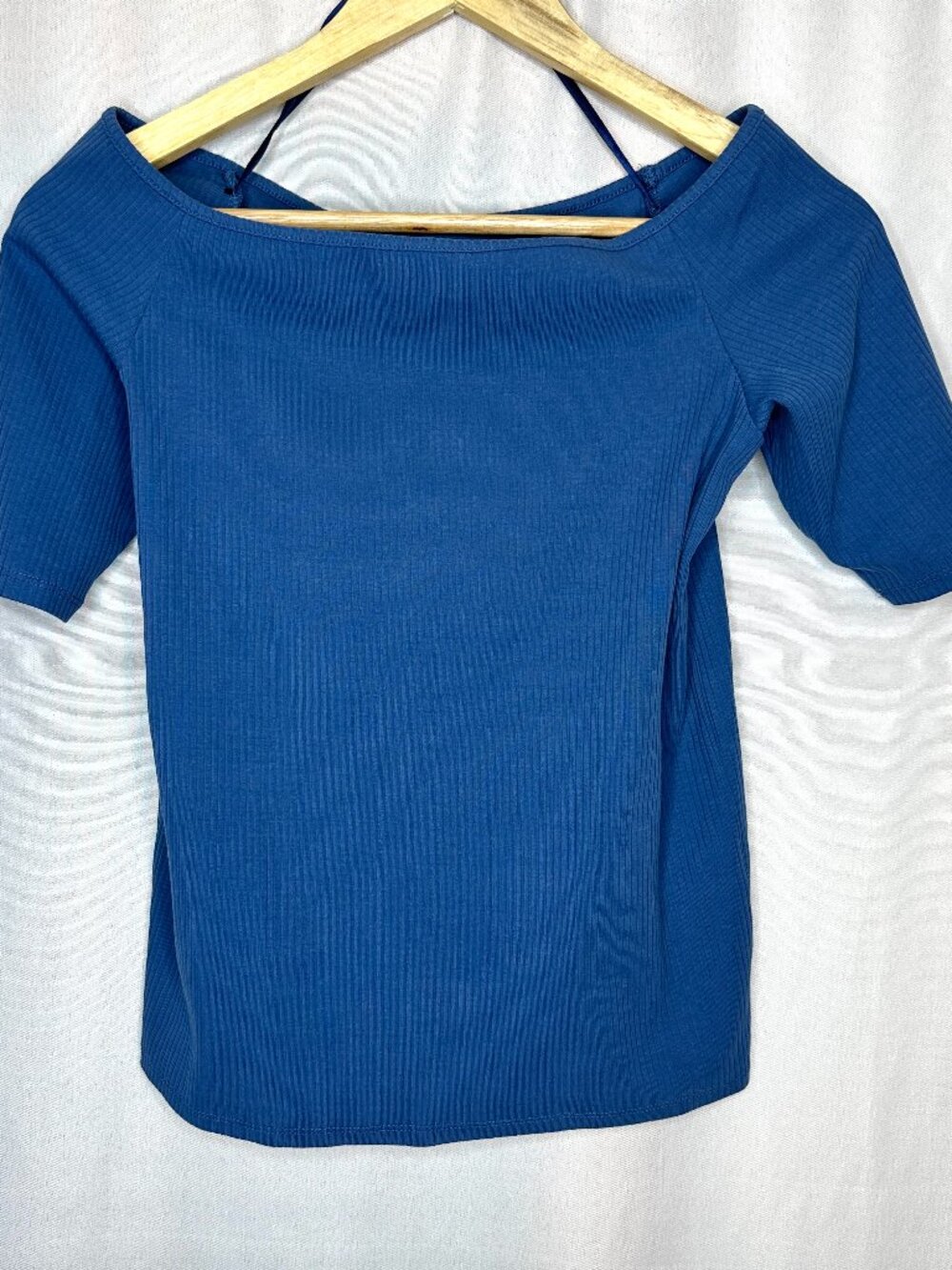 NWT Madewell Ribbed Off Shoulder Blue Top,‎ Size Large Minimalist Elevated Basic